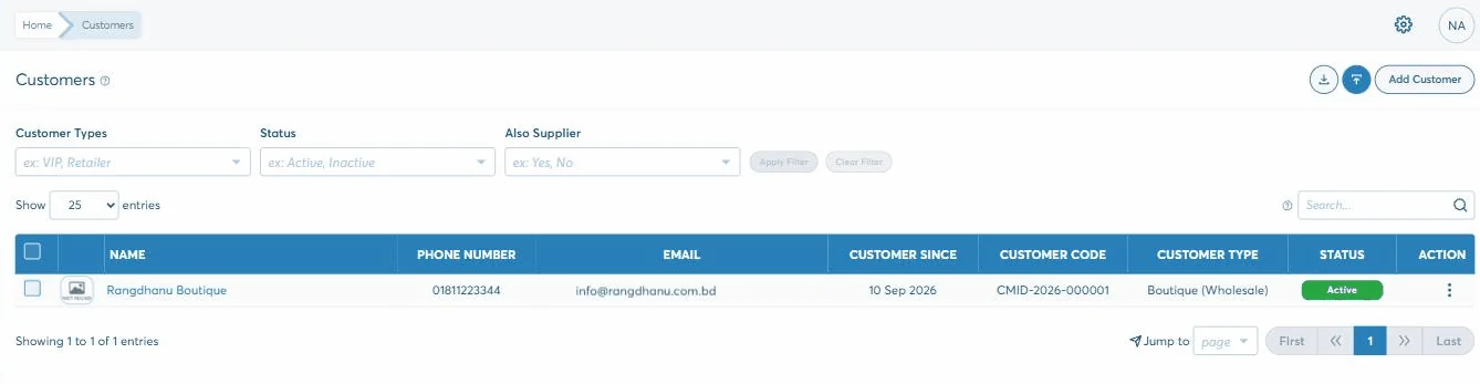 The Biznify customer list: a customer with phone, email, the date they became a customer, their customer code, their customer type and status, above filters including one for customers who are also suppliers.