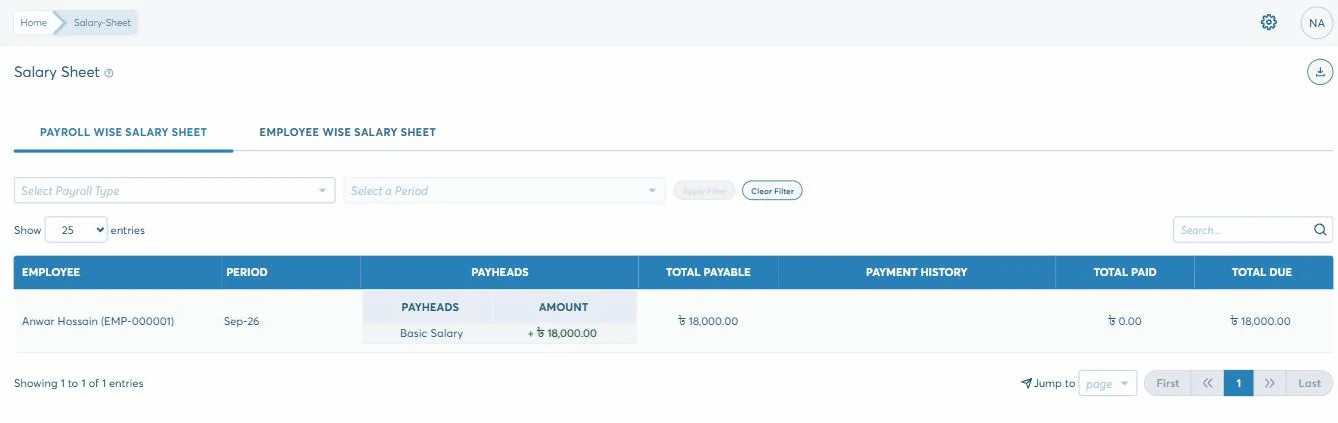 The Biznify salary sheet for September 2026: one employee with basic salary of 18,000 itemised under pay heads, then total payable 18,000, total paid zero and total due 18,000, with payroll-wise and employee-wise tabs above.