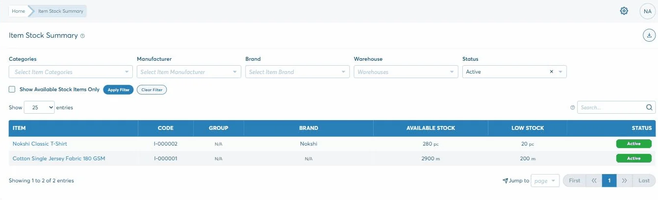 The Biznify item stock summary: each item with its code, brand, available stock and low-stock point, in its own unit, above filters for category, manufacturer, brand and warehouse.