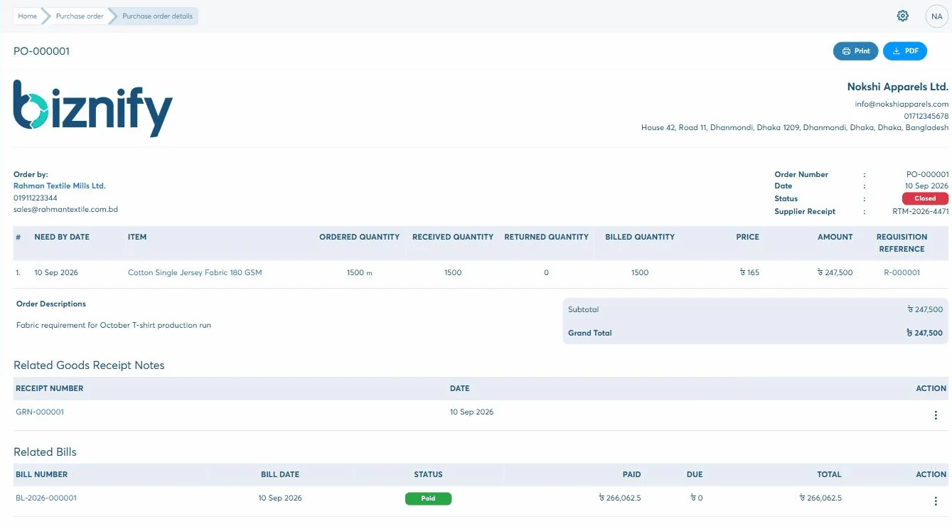 Purchase order PO-000001 in Biznify, showing ordered, received, returned and billed quantities on one line, the requisition reference R-000001, and panels listing the related goods receipt note and the related bill.
