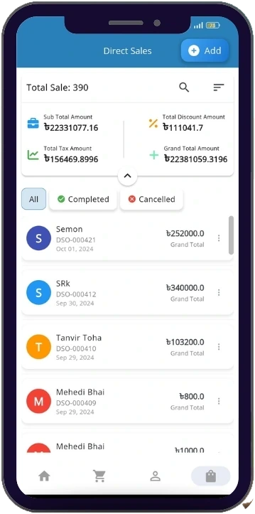 The Biznify app's direct sales screen: the number of sales and their sub total, discount, tax and grand total, a filter for completed and cancelled, and each sale with its customer, number, date and grand total.