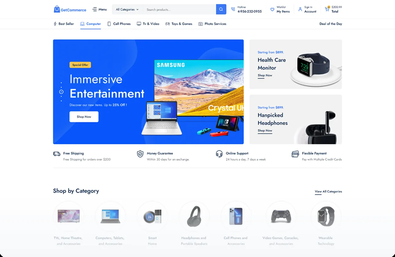 A GetCommerce storefront: category menu, a promotional banner and the shop-by-category row.
