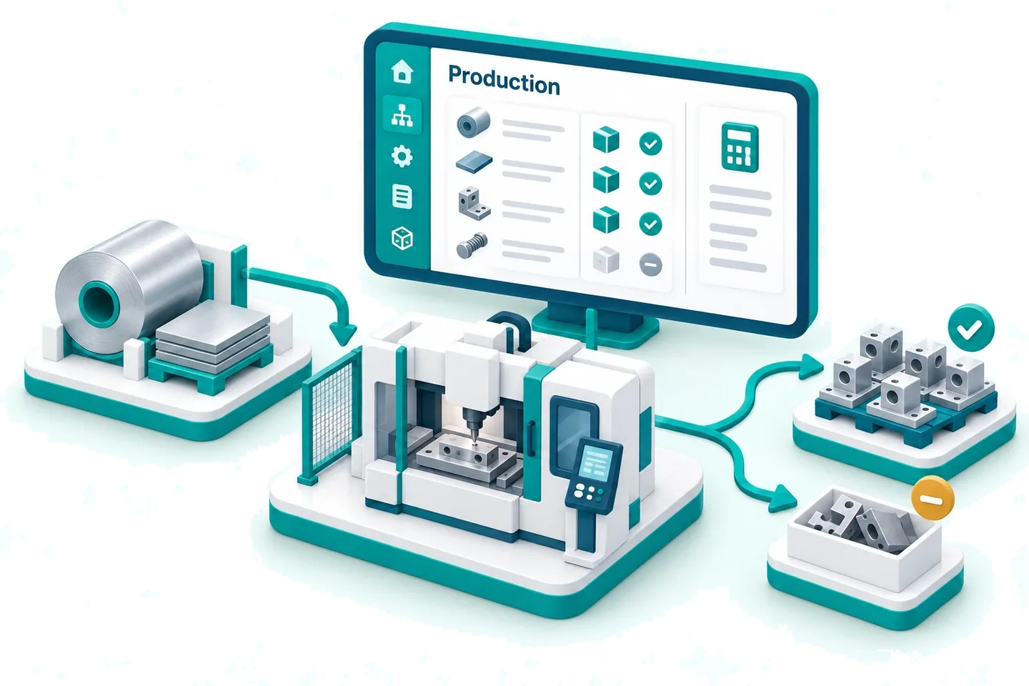Manufacturing dashboard connected to raw materials, a production workcell, finished goods and rejects.