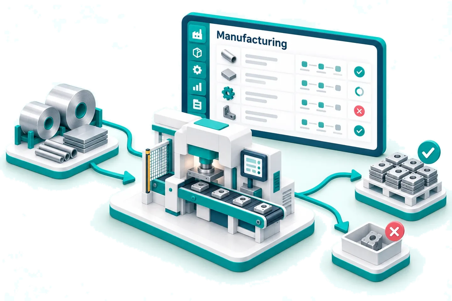 A production plan connects material availability and costing to finished goods and separate waste records.