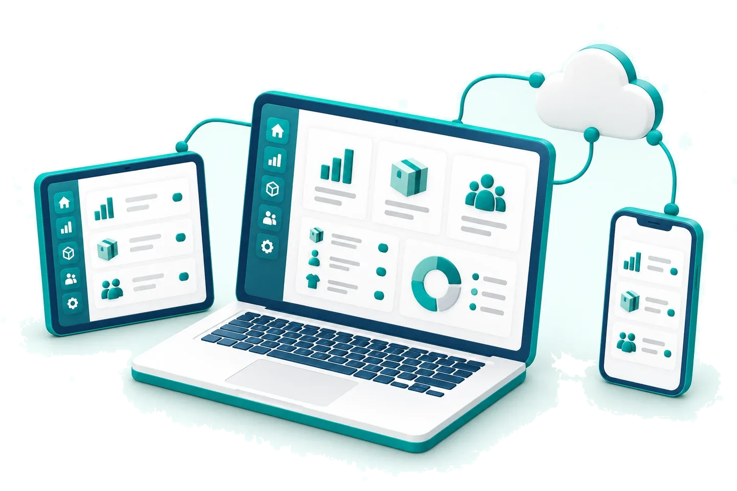 A unified cloud business dashboard accessible on a laptop, tablet and phone.