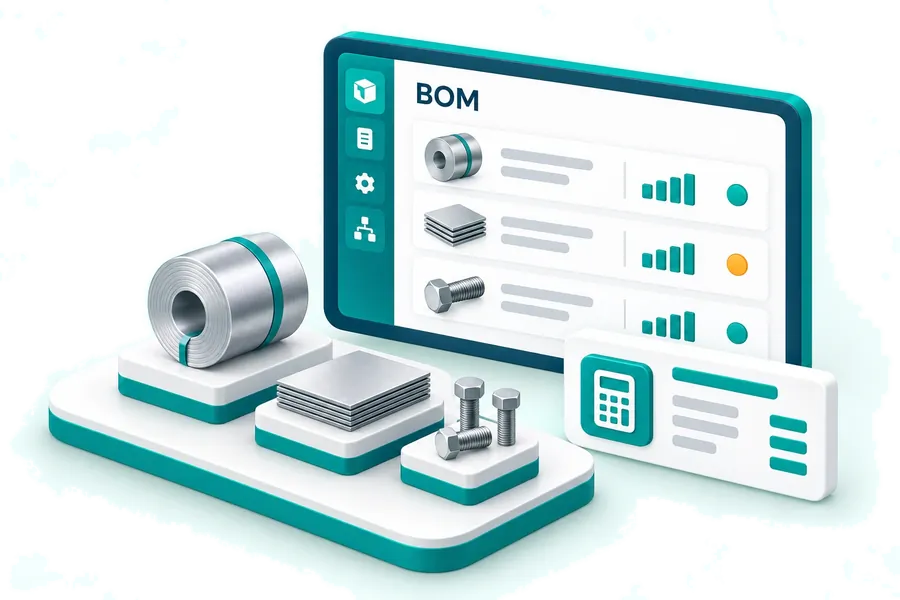 Bill of materials with material availability indicators and a production cost summary.