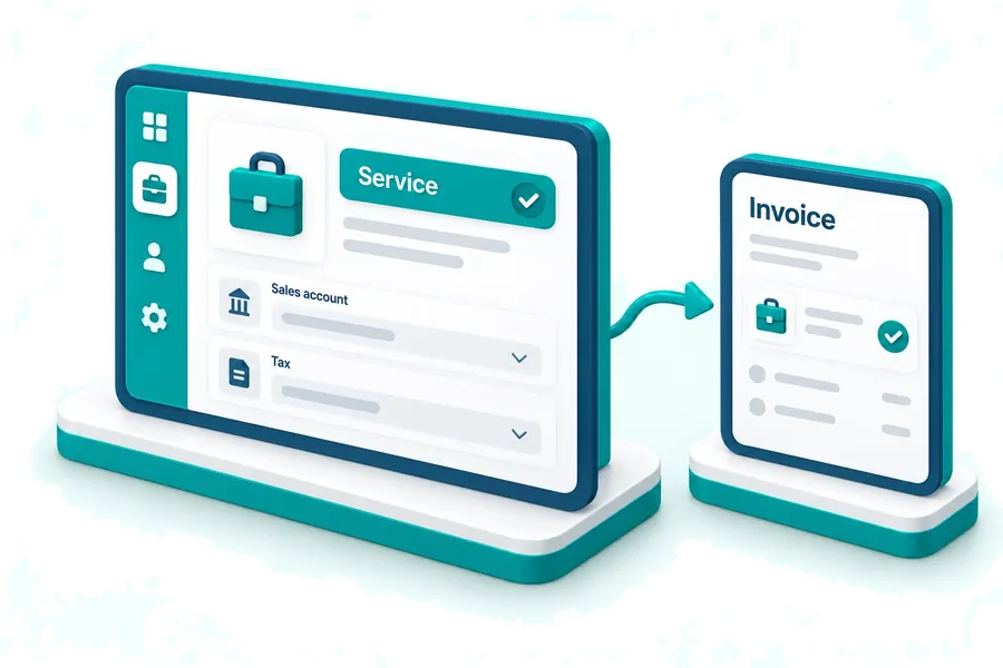 A service item with sales account and tax settings linked to an invoice line.