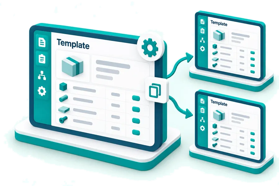 A reusable production plan template copied into matching production plans.