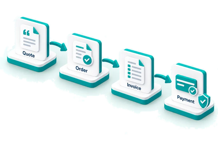 Service sale progressing through quote, order, invoice and verified payment.