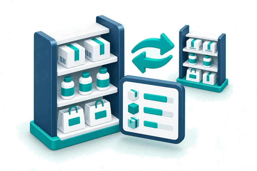 Stock levels and product transfers between retail shelves.