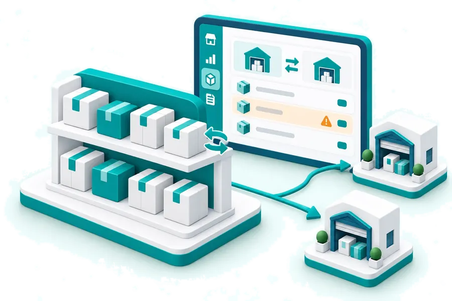 Stock management across warehouses with transfers and a low-stock alert.