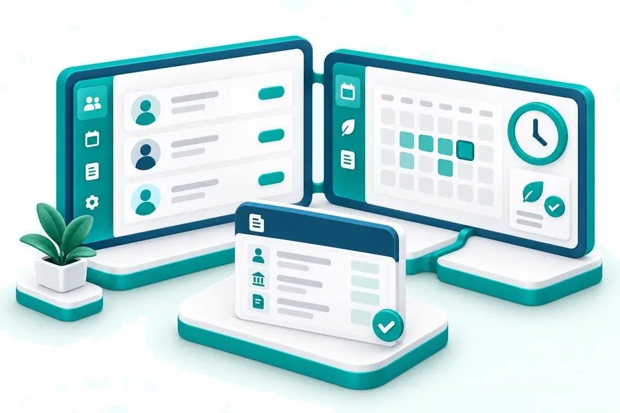Employee records, attendance, leave and payroll in connected software panels.