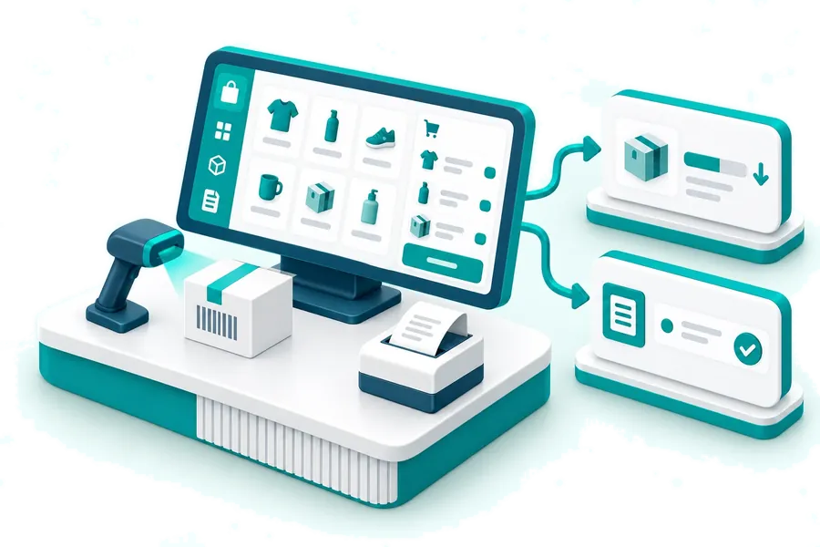 A point-of-sale transaction updating stock and accounting records.