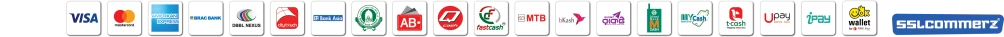 Cards and mobile wallets accepted through SSLCommerz: Visa, Mastercard, American Express, bank debit cards and mobile wallets including bKash and Upay.